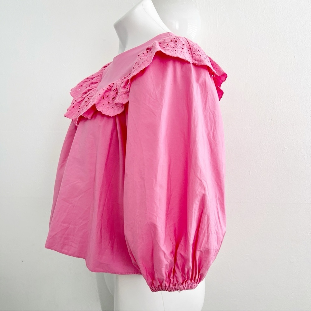 ZARA Eyelet Frilled Poplin Blouse Top Pink XSMALL Balloon Sleeve Women’s NEW - Picture 4 of 16